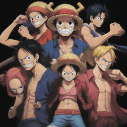 A dark-toned, 4K resolution wallpaper designed for a phone, featuring characters from the anime One Piece