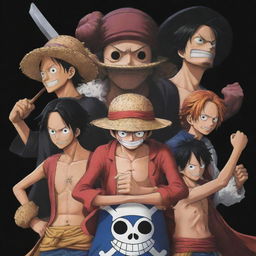 A dark-toned, 4K resolution wallpaper designed for a phone, featuring characters from the anime One Piece