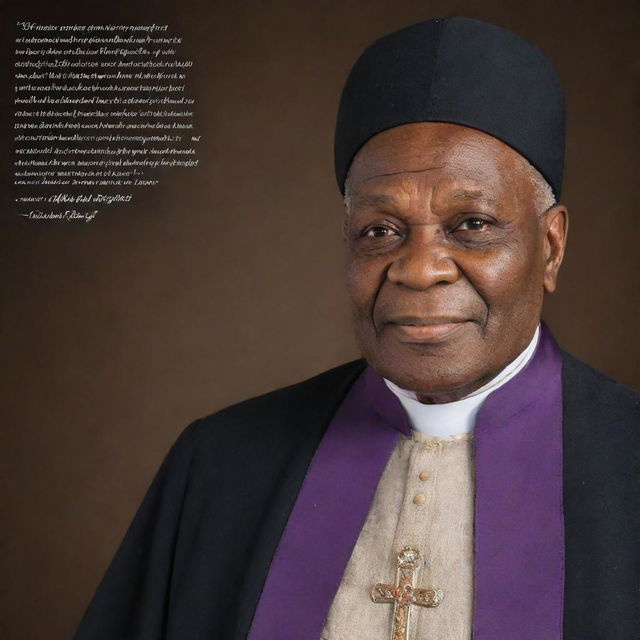 Generate an image of Archbishop Ezekiel Handinawangu Guti with one of his famous quotes and a selected biblical verse. Include his photograph on the left, the quote in the middle, and the church logo on the right.