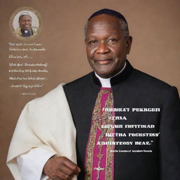 Generate an image of Archbishop Ezekiel Handinawangu Guti with one of his famous quotes and a selected biblical verse. Include his photograph on the left, the quote in the middle, and the church logo on the right.