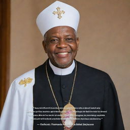 Generate an image of Archbishop Ezekiel Handinawangu Guti with one of his famous quotes and a selected biblical verse. Include his photograph on the left, the quote in the middle, and the church logo on the right.