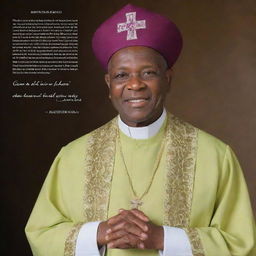 Generate an image of Archbishop Ezekiel Handinawangu Guti with one of his famous quotes and a selected biblical verse. Include his photograph on the left, the quote in the middle, and the church logo on the right.