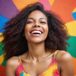 A radiant and joyful woman surrounded by vibrant, positive colors.