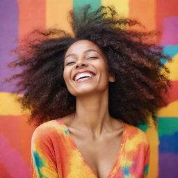 A radiant and joyful woman surrounded by vibrant, positive colors.