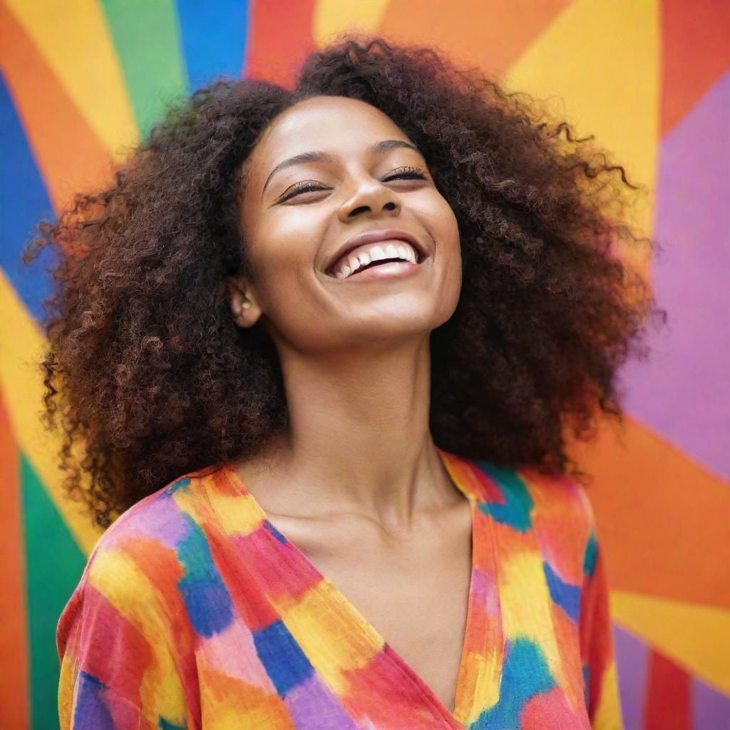 A radiant and joyful woman surrounded by vibrant, positive colors.