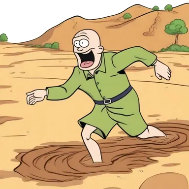 In the cartoon, the character tried to run away from an enemy but ended up getting bogged down in quicksand instead.