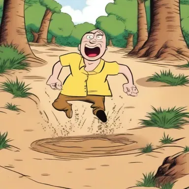 In the cartoon, the character tried to run away from an enemy but ended up getting bogged down in quicksand instead.