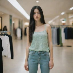 photo shot by sony alpha ii and sony fe 200, a full body woman, in shoping mall watching clothes,23 year old with green eyes and black long hair.,freckles, moda clothes, ultra realist, 4k hd, ultra detailed, natural light,  --style raw--v 5.2,