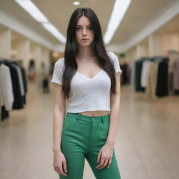 photo shot by sony alpha ii and sony fe 200, a full body woman, in shoping mall watching clothes,23 year old with green eyes and black long hair.,freckles, moda clothes, ultra realist, 4k hd, ultra detailed, natural light,  --style raw--v 5.2,