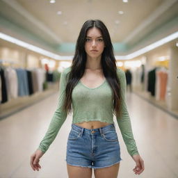 photo shot by sony alpha ii and sony fe 200, a full body woman, in shoping mall watching clothes,23 year old with green eyes and black long hair.,freckles, moda clothes, ultra realist, 4k hd, ultra detailed, natural light,  --style raw--v 5.2,