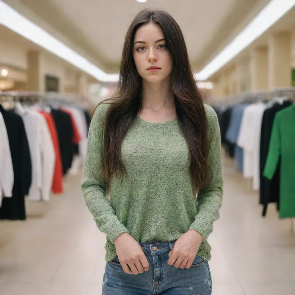 photo shot by sony alpha ii and sony fe 200, a full body woman, in shoping mall watching clothes,23 year old with green eyes and black long hair.,freckles, moda clothes, ultra realist, 4k hd, ultra detailed, natural light,  --style raw--v 5.2,