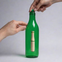 Hand holding a cricket bat transformed into a glossy bottle