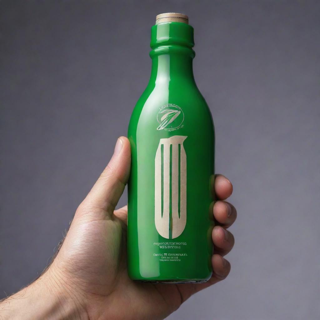 Hand holding a cricket bat transformed into a glossy bottle