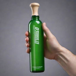 Hand holding a cricket bat transformed into a glossy bottle