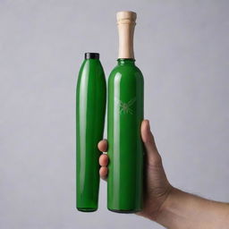 Hand holding a cricket bat transformed into a glossy bottle