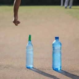 A human hand holding a cricket bat alongside a bottled water in daylight.