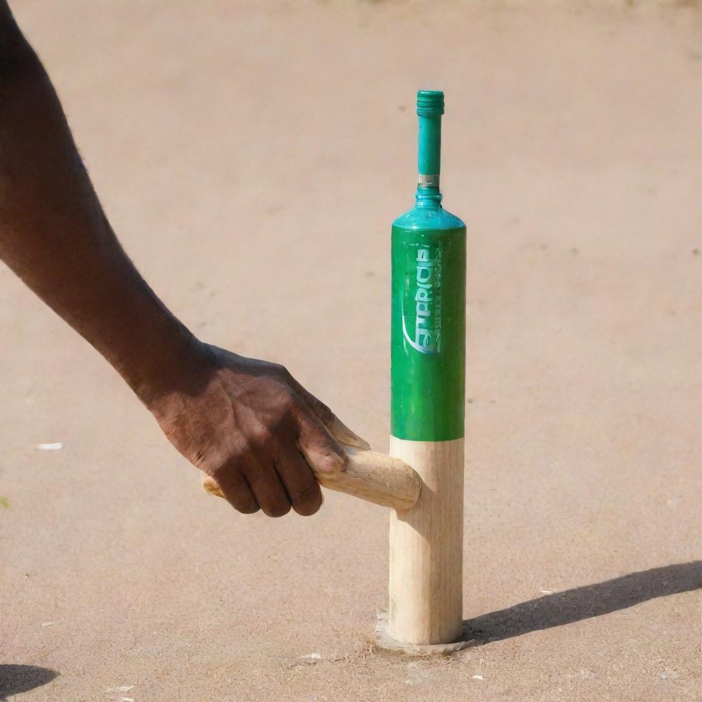 A human hand holding a cricket bat alongside a bottled water in daylight.