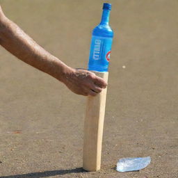 A human hand holding a cricket bat alongside a bottled water in daylight.