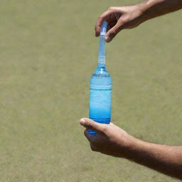 A human hand holding a cricket bat alongside a bottled water in daylight.