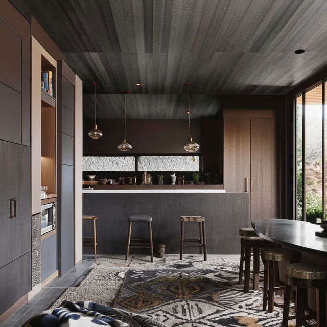 Modern clean tribal boho-themed living room, flexible furniture arrangement, bar, reading nook, grey wood-textured tiles, dark grey ceilings, dark brown doors, floor-to-ceiling windows, with a fresh and uncluttered aesthetic.