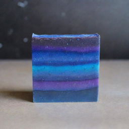 A soap bar with a sleek design, named 'Galaxy Shine'. The soap should shimmering with swirls of cosmic blues and purples, reminiscent of a far-off galaxy.