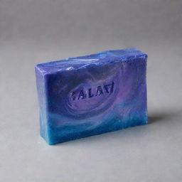 A soap bar with a sleek design, named 'Galaxy Shine'. The soap should shimmering with swirls of cosmic blues and purples, reminiscent of a far-off galaxy.