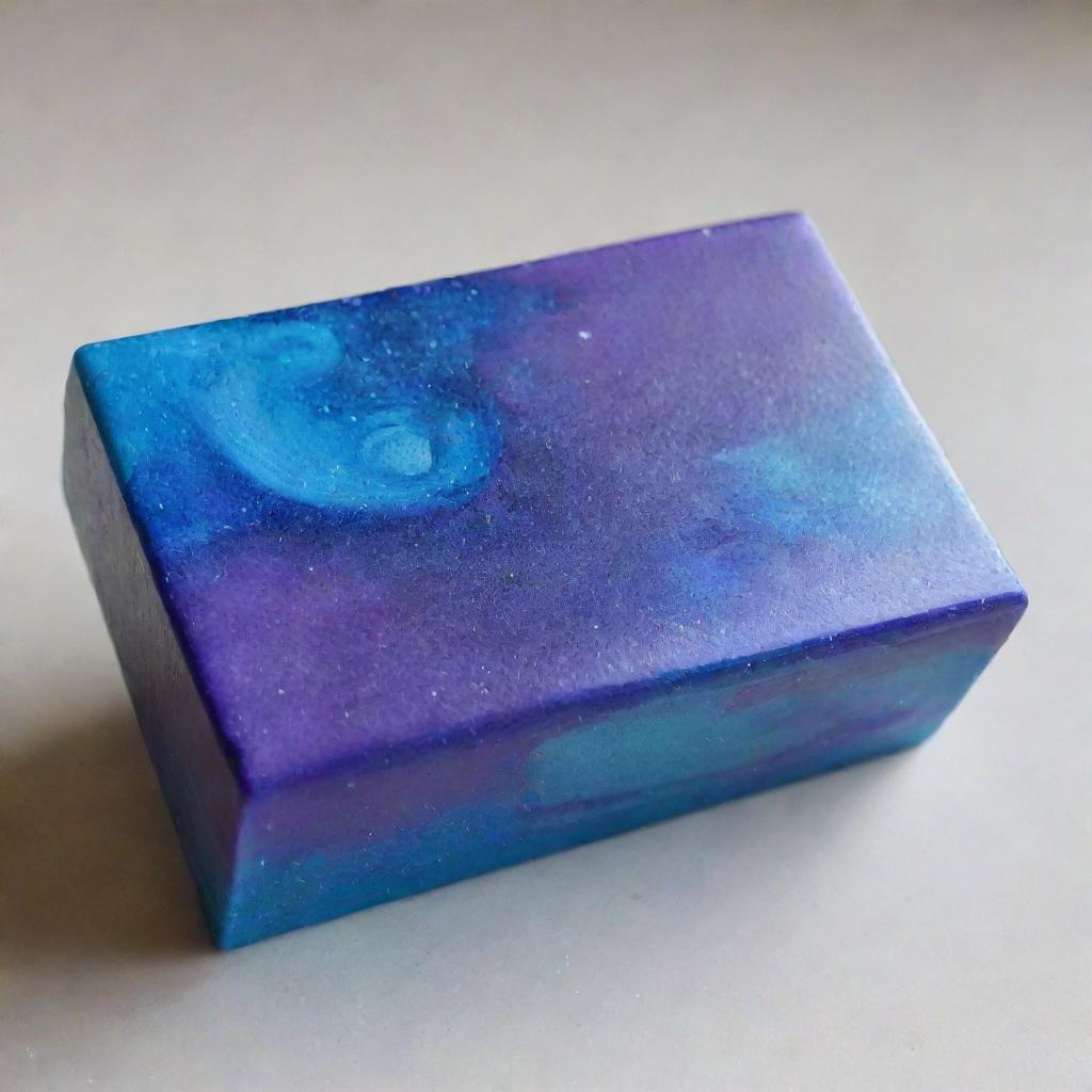 A soap bar with a sleek design, named 'Galaxy Shine'. The soap should shimmering with swirls of cosmic blues and purples, reminiscent of a far-off galaxy.