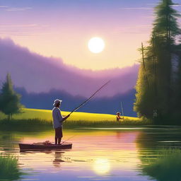 A high-quality digital art thumbnail featuring a serene fishing scene