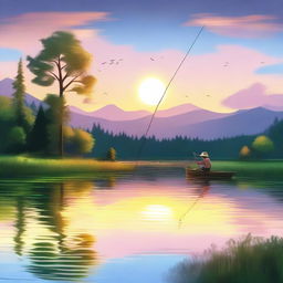 A high-quality digital art thumbnail featuring a serene fishing scene