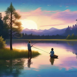 A high-quality digital art thumbnail featuring a serene fishing scene