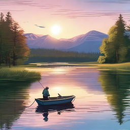 A high-quality digital art thumbnail featuring a serene fishing scene