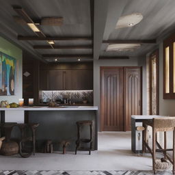 Modern clean tribal boho-themed living room, flexible furniture arrangement, bar, reading nook, grey wood-textured tiles, dark grey ceilings, dark brown doors, floor-to-ceiling windows, with a fresh and uncluttered aesthetic.