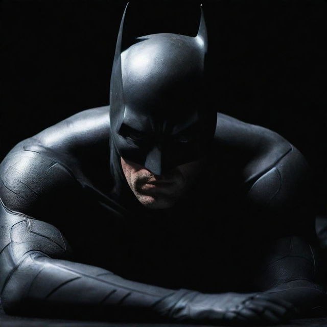 Batman lies down on his stomach on a sleek, dark surface, concealed within the shadows. His body language conveys sorrow, a single tear glistening as it trails down his mask.