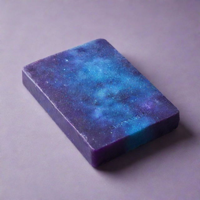 A modified design of a soap bar, now bearing the name 'Galaxy Shine' prominently on its surface. The design remains sleek with shimmers of cosmic blues and purples.