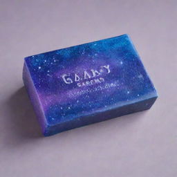 A modified design of a soap bar, now bearing the name 'Galaxy Shine' prominently on its surface. The design remains sleek with shimmers of cosmic blues and purples.