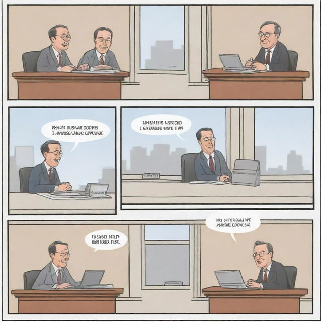 Generate a 4-panel comic strip set in a bank. Panel 1: Bank exterior. Panel 2: One customer discussing a business loan with a banker. Panel 3: Another customer negotiating a consumer loan with a different bank personnel. Panel 4: Both customers satisfied with their respective loans.