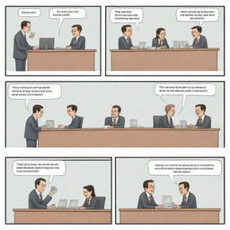 Generate a 4-panel comic strip set in a bank. Panel 1: Bank exterior. Panel 2: One customer discussing a business loan with a banker. Panel 3: Another customer negotiating a consumer loan with a different bank personnel. Panel 4: Both customers satisfied with their respective loans.