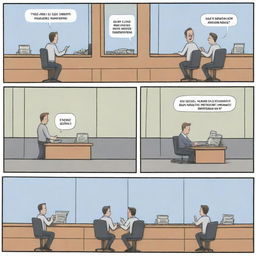 Generate a 4-panel comic strip set in a bank. Panel 1: Bank exterior. Panel 2: One customer discussing a business loan with a banker. Panel 3: Another customer negotiating a consumer loan with a different bank personnel. Panel 4: Both customers satisfied with their respective loans.