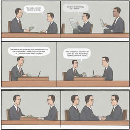 Generate a 4-panel comic strip set in a bank. Panel 1: Bank exterior. Panel 2: One customer discussing a business loan with a banker. Panel 3: Another customer negotiating a consumer loan with a different bank personnel. Panel 4: Both customers satisfied with their respective loans.