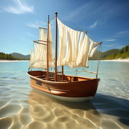 A whimsical bathtub boat with a sturdy sail, navigating through crystal-clear waters, surrounded by gentle waves and a clear sky.