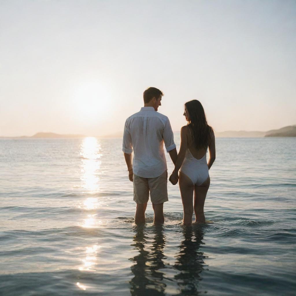 A romantic couple standing together in the middle of a serene ocean, with the sunlight glistening off the water surface.