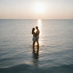 A romantic couple standing together in the middle of a serene ocean, with the sunlight glistening off the water surface.