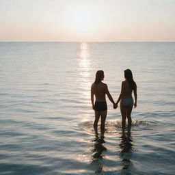 A romantic couple standing together in the middle of a serene ocean, with the sunlight glistening off the water surface.