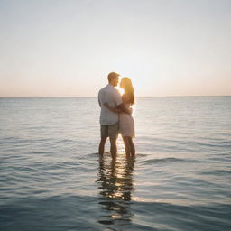 A romantic couple standing together in the middle of a serene ocean, with the sunlight glistening off the water surface.