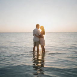 A romantic couple standing together in the middle of a serene ocean, with the sunlight glistening off the water surface.