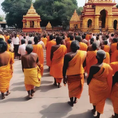 During the traditional Hindu ritual, devotees form a procession where they circle around the temple as a sign of devotion and worship.