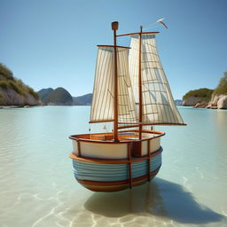 A whimsical bathtub boat with a sturdy sail, navigating through crystal-clear waters, surrounded by gentle waves and a clear sky.