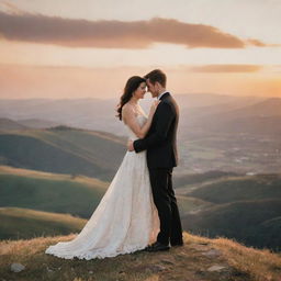 A loving couple standing on a hilltop, with a breathtaking backdrop of the landscape below, swept by the soft glow of sunset.