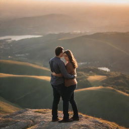 A loving couple standing on a hilltop, with a breathtaking backdrop of the landscape below, swept by the soft glow of sunset.