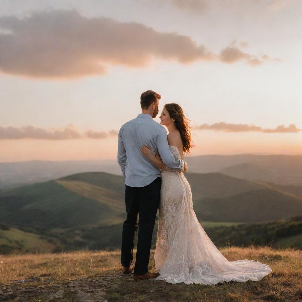 A loving couple standing on a hilltop, with a breathtaking backdrop of the landscape below, swept by the soft glow of sunset.